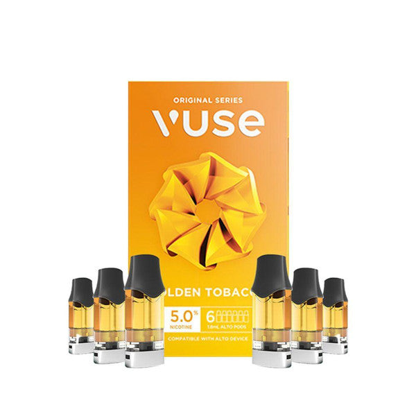 Vuse Alto Golden Tobacco Pods 6-pack with amber e-liquid, black mouthpiece, and orange packaging.